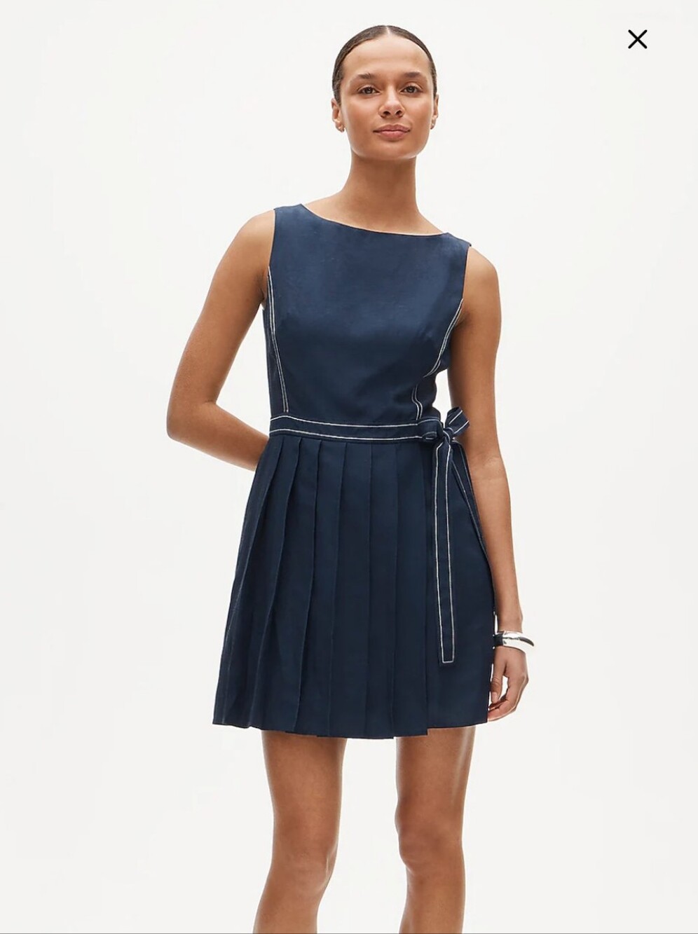 J Crew Pleated contrast-stitch side-tie mini dress in linen blend Size 6  CV850